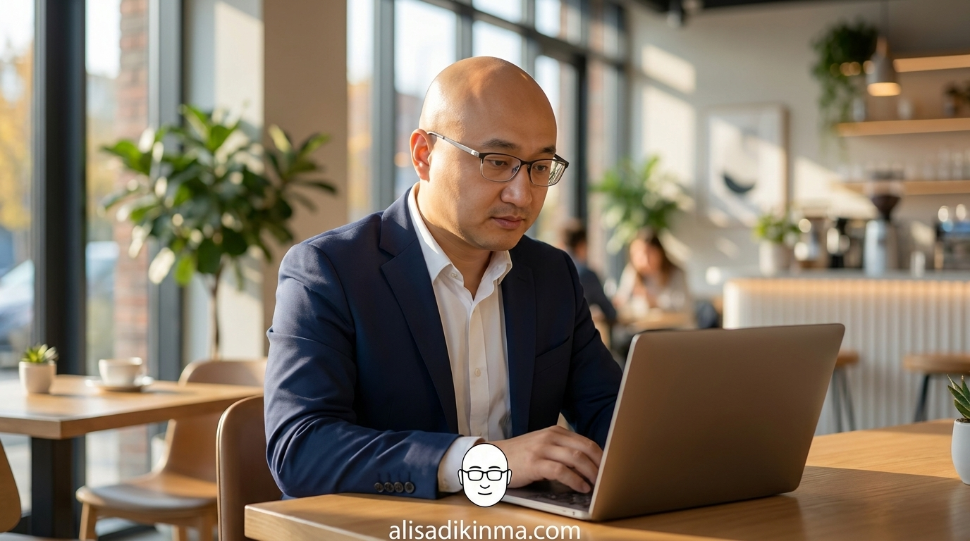 Person at a laptop in a bright modern cafe — calm, analytical expression, not afraid, just focused. Represents the empowered reader who sees through the noise and critically evaluates AI safety claims.
