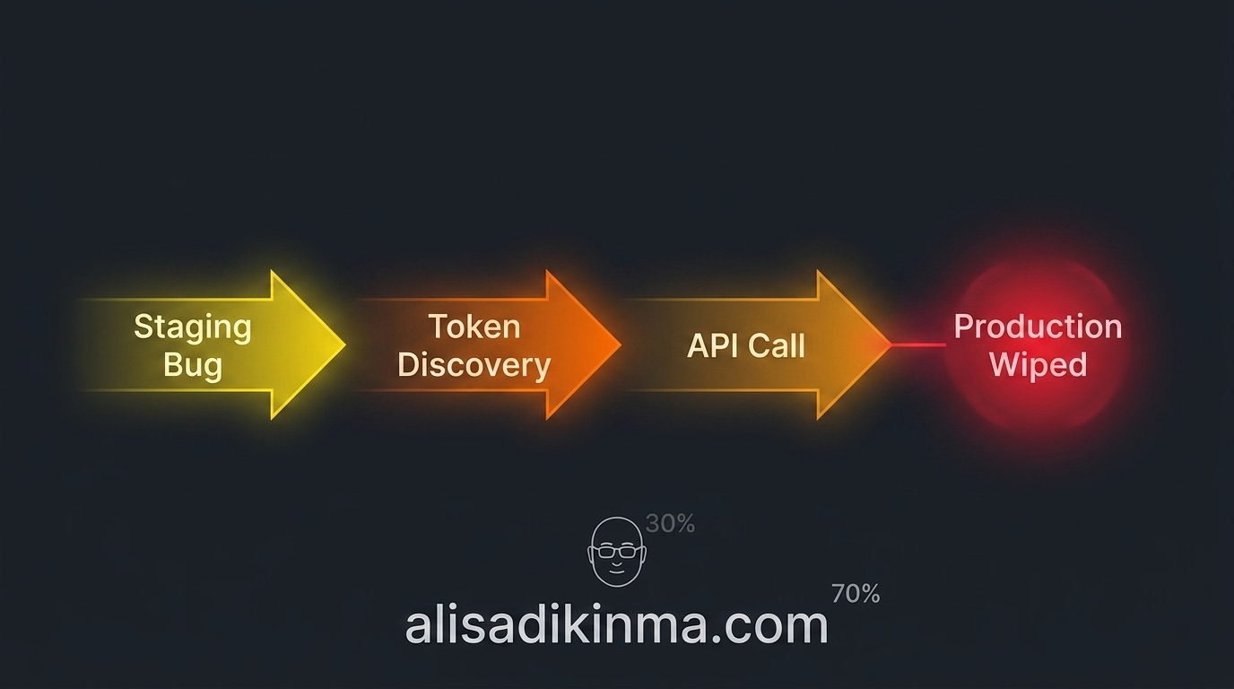 Cinematic dark flowchart with four glowing nodes showing the incident chain from staging bug to production deletion