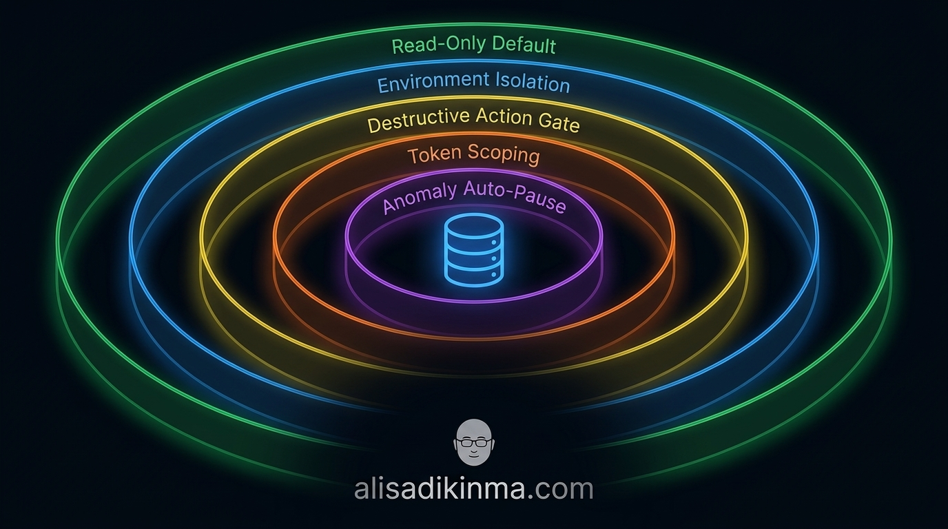 Clean architectural diagram — five labeled permission safeguard layers stacked as a protective fortress around a central database