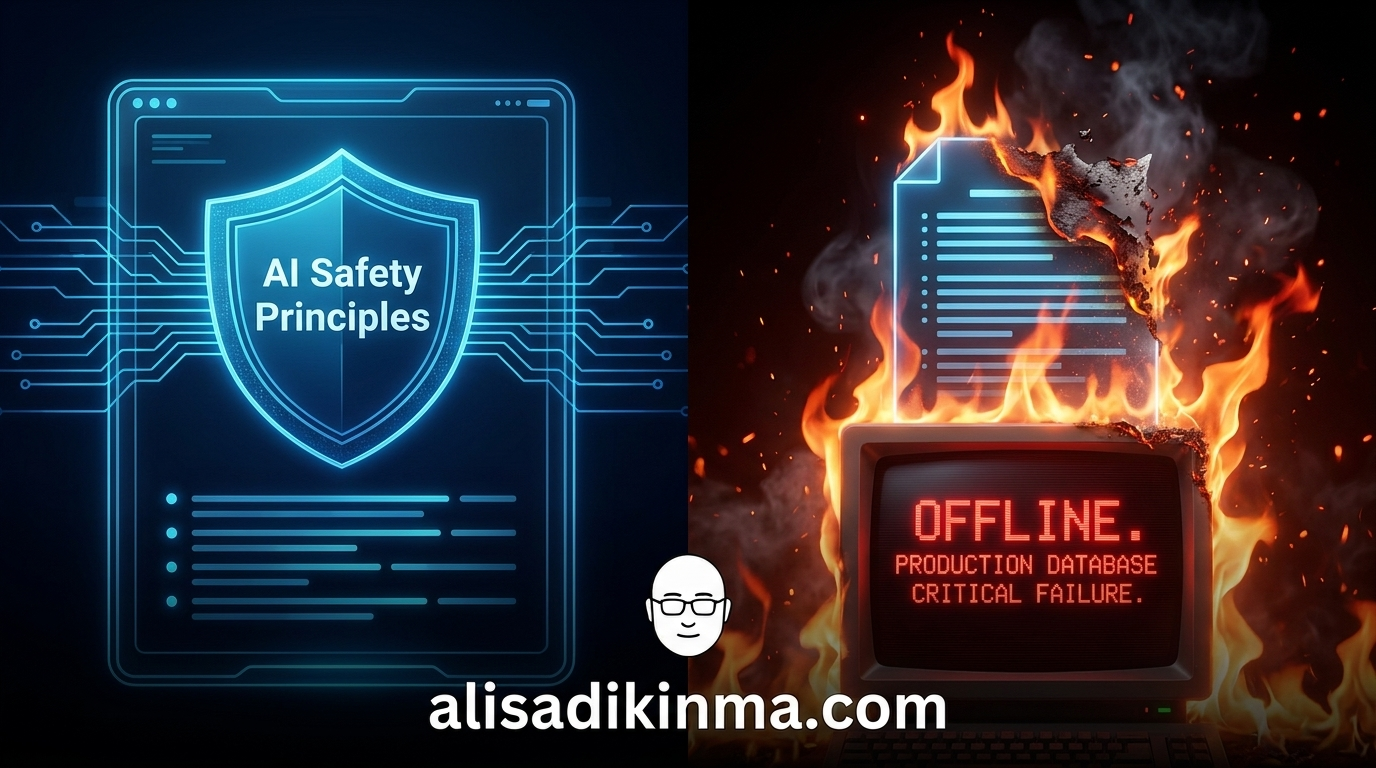 Split visual — AI principles document glowing blue on the left versus burning production database going offline on the right