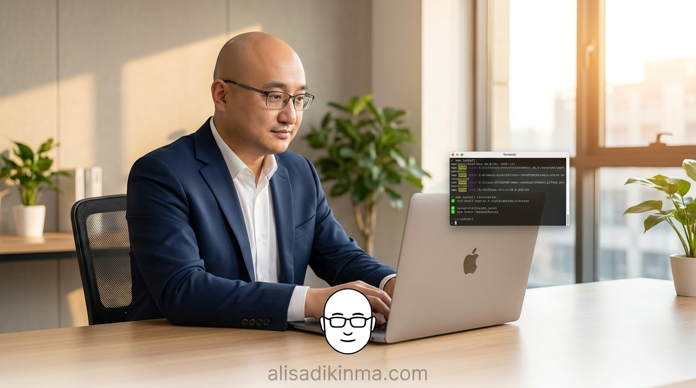 Developer calmly running npm install on MacBook in bright office — deliberate false sense of security, trust as dangerous naivety before the storm