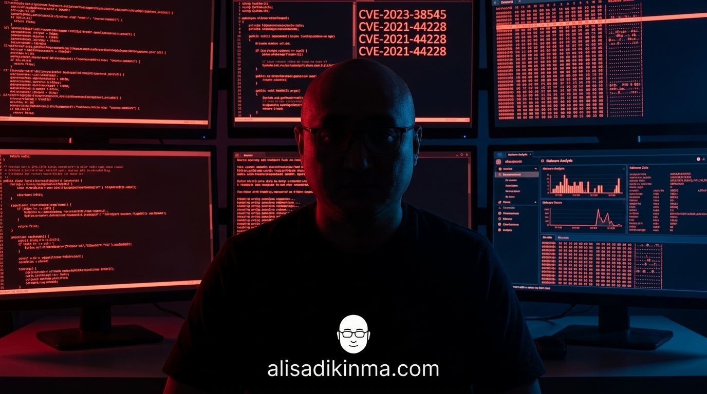 Shadowy threat actor in dark room illuminated by multiple monitors showing red-highlighted source code and CVE identifiers — danger conveyed without glorifying the attacker