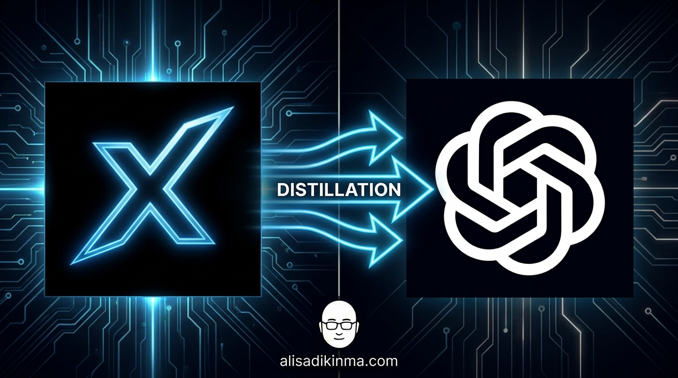 Split-screen showing xAI Grok branding on left and OpenAI branding on right, with stylized distillation arrows flowing from right to left, illustrating how one AI learns from another outputs.