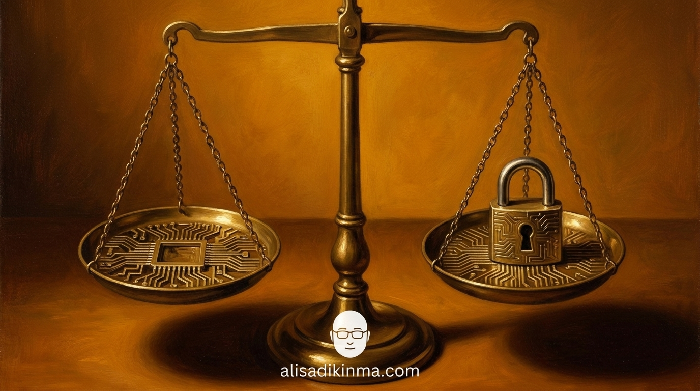 Scales of justice with AI circuit patterns embedded in each pan, representing the core tension this trial will decide for all of AI governance globally.
