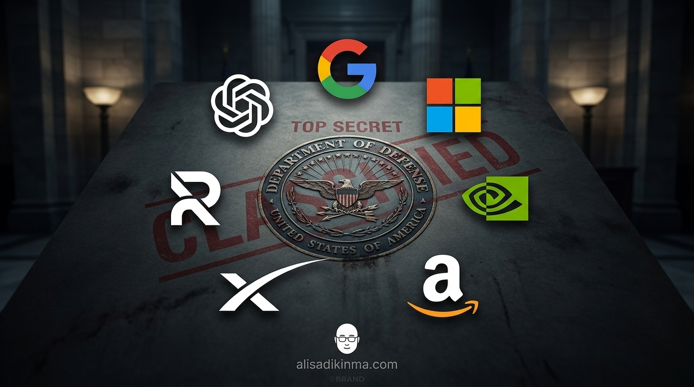 Seven major tech company logos arranged around a classified DoD seal