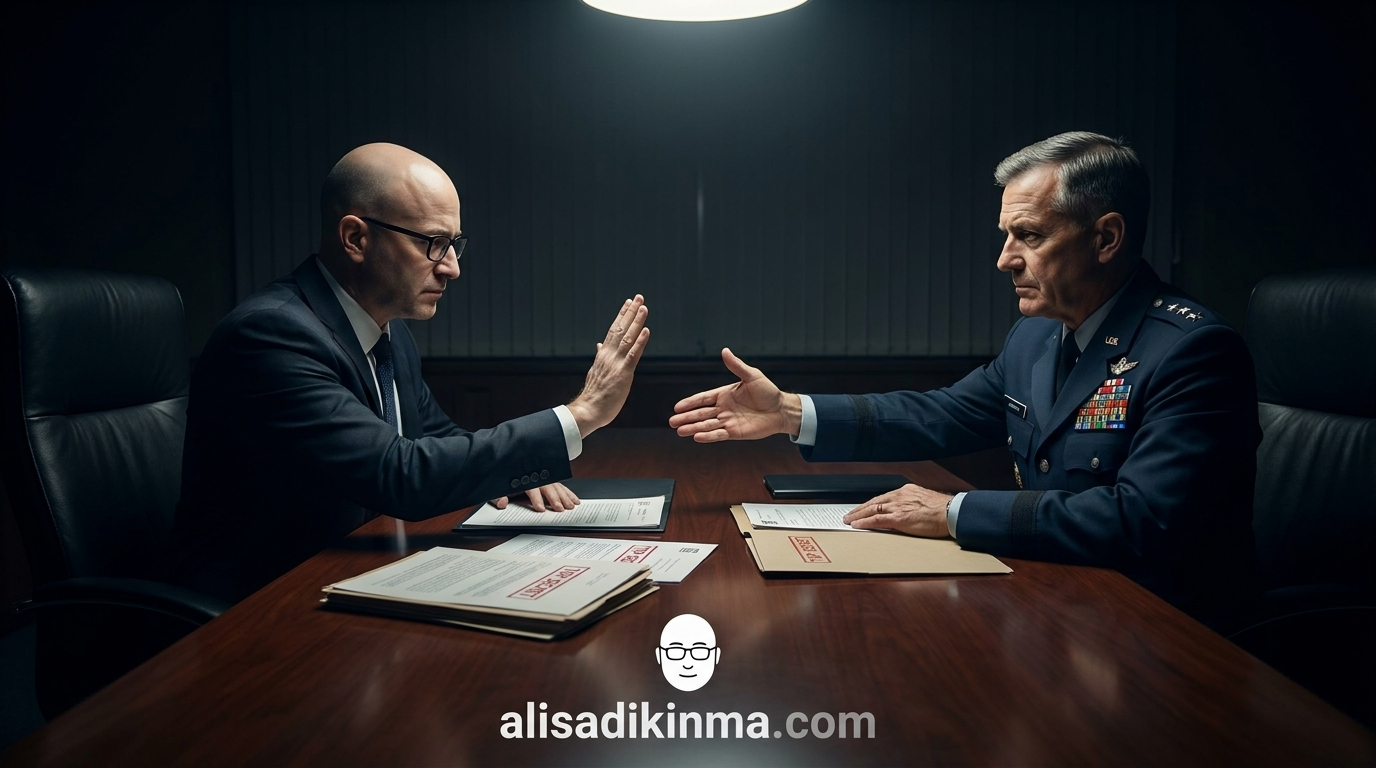 A lone executive declining a handshake with a uniformed official — the moment of principled refusal