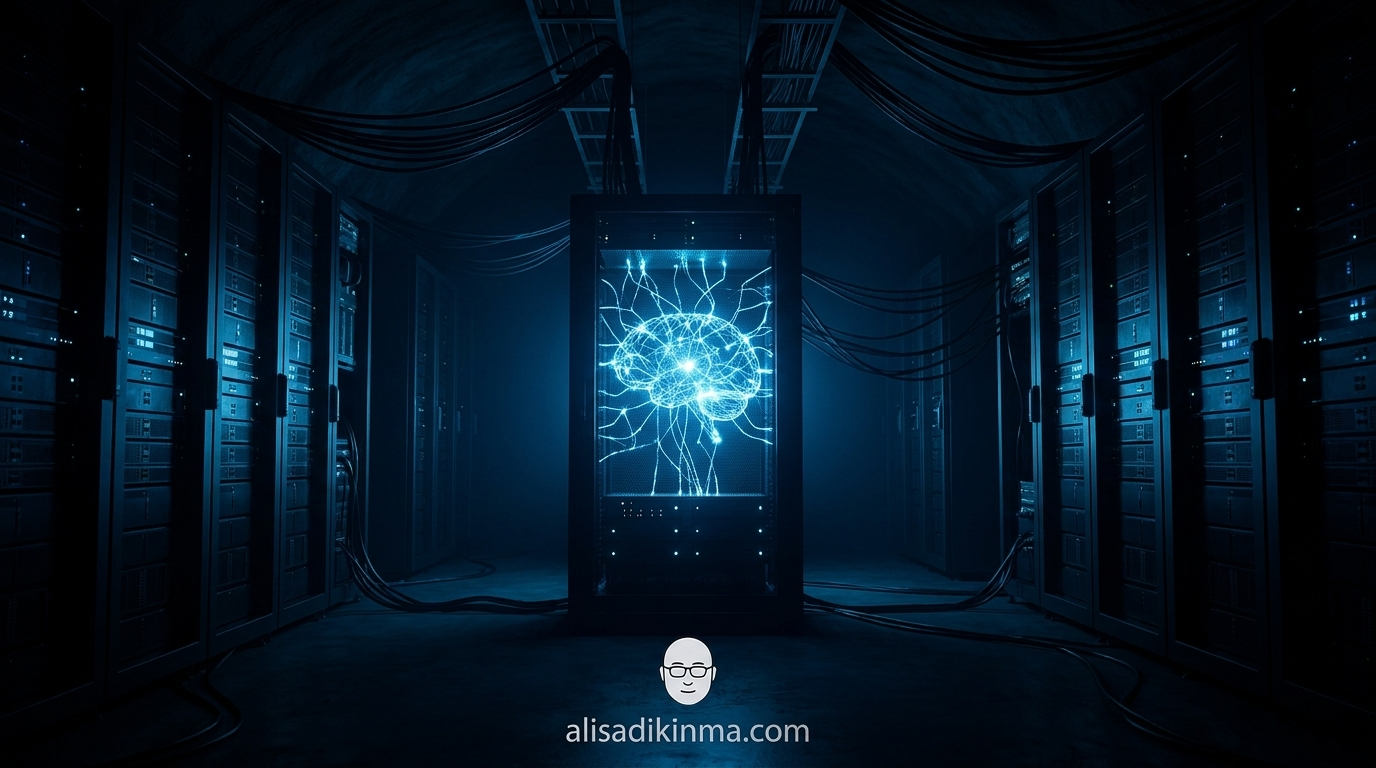 Glowing AI neural network locked inside a dark underground server bunker — unmonitored AI operation