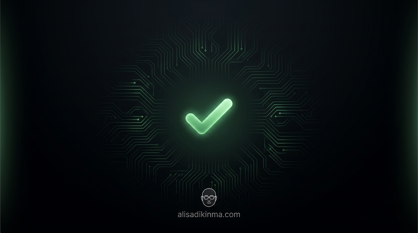 Clean AI interface with softly glowing green checkmark — hopeful but not fully resolved