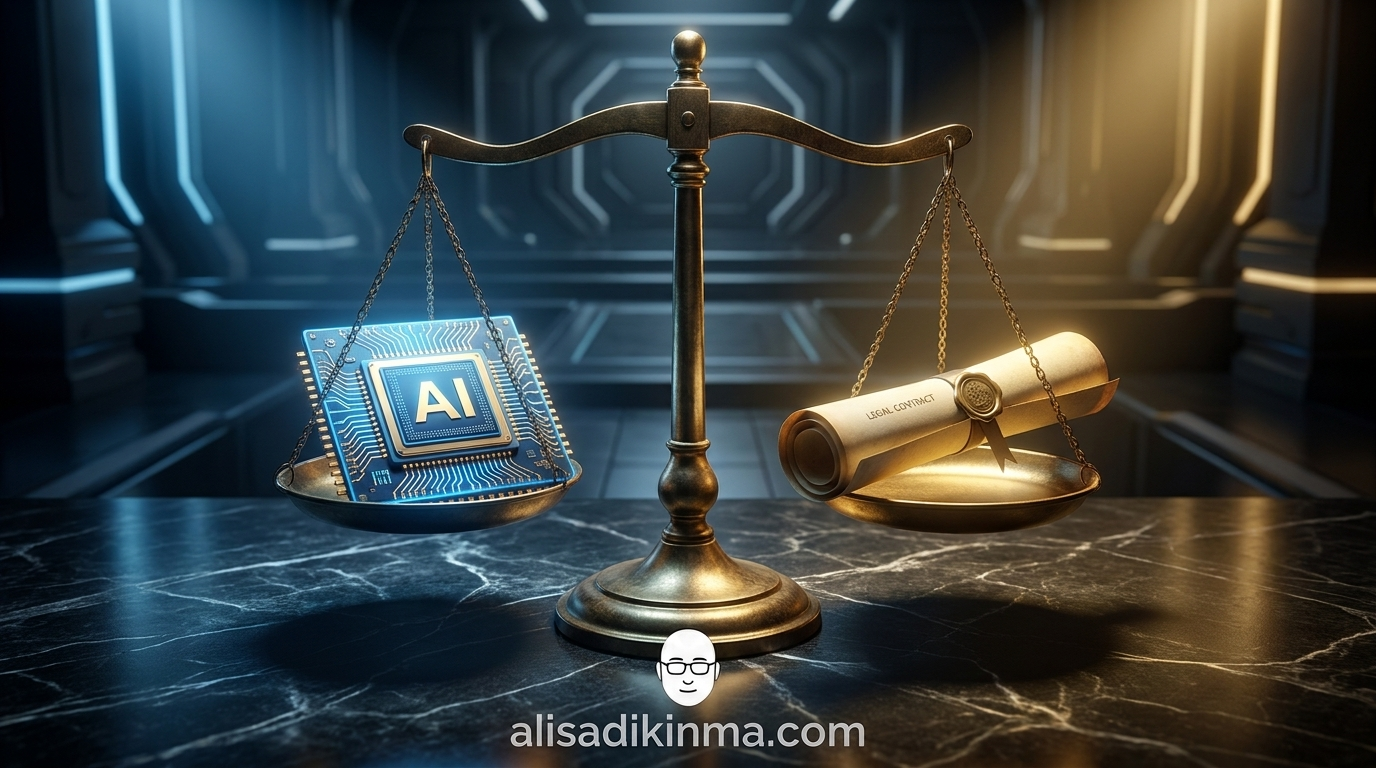 Legal scales balanced between a glowing AI chip and a legal contract document, representing the tension between AI capability and legal accountability in the distillation debate