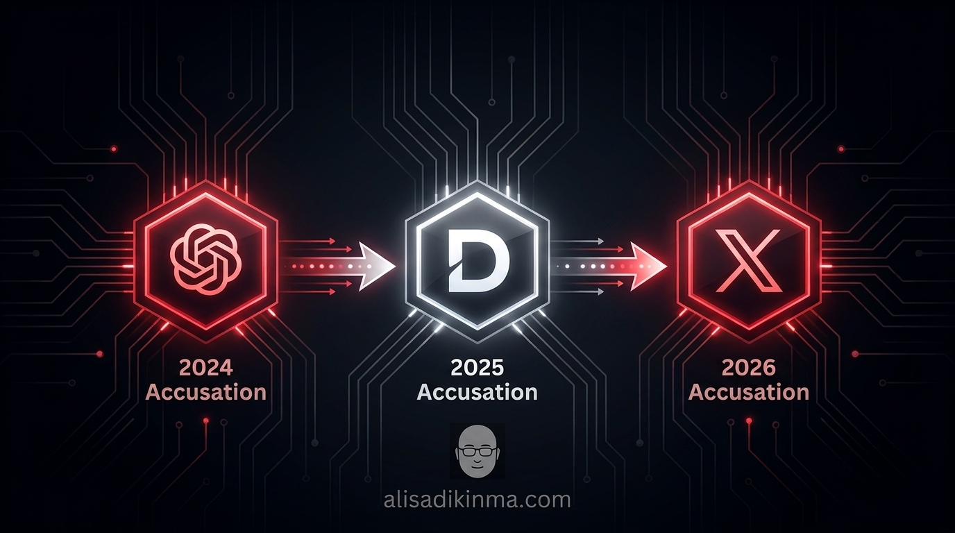 Three-node timeline of AI distillation accusations: OpenAI accused DeepSeek, Anthropic blocked OpenAI, Musk admitted xAI did the same — dark tech aesthetic with red accents
