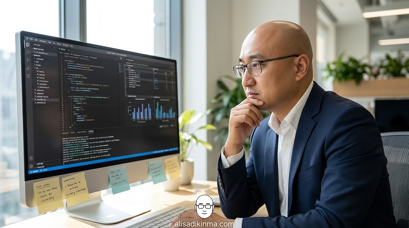 Experienced software engineer in strategic oversight role reviewing AI output — judgment and expertise that AI cannot replace