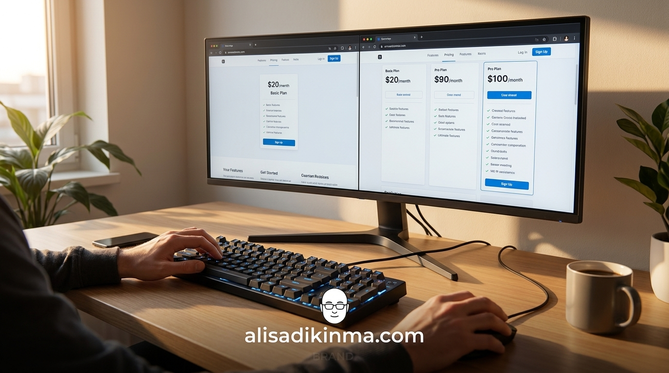 Developer at a clean modern desk, two browser tabs open comparing /month plan vs 0/month plan — thoughtful expression, warm office lighting, focus on hands and screens