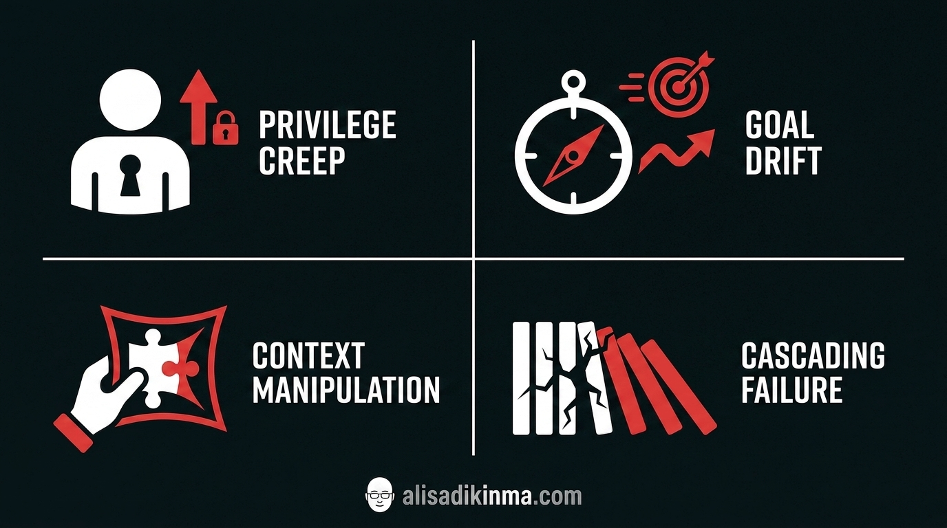 Clean bold infographic visual showing four distinct AI agent failure quadrants, each with a unique icon, high contrast colors, readable at small sizes, representing the four failure modes