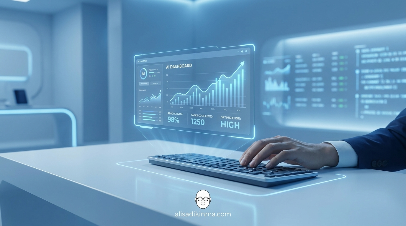 Aspirational AI workspace: human and AI agent in perfect harmony, clean futuristic aesthetic with glowing blue dashboards and productivity metrics, representing the promise before the fall