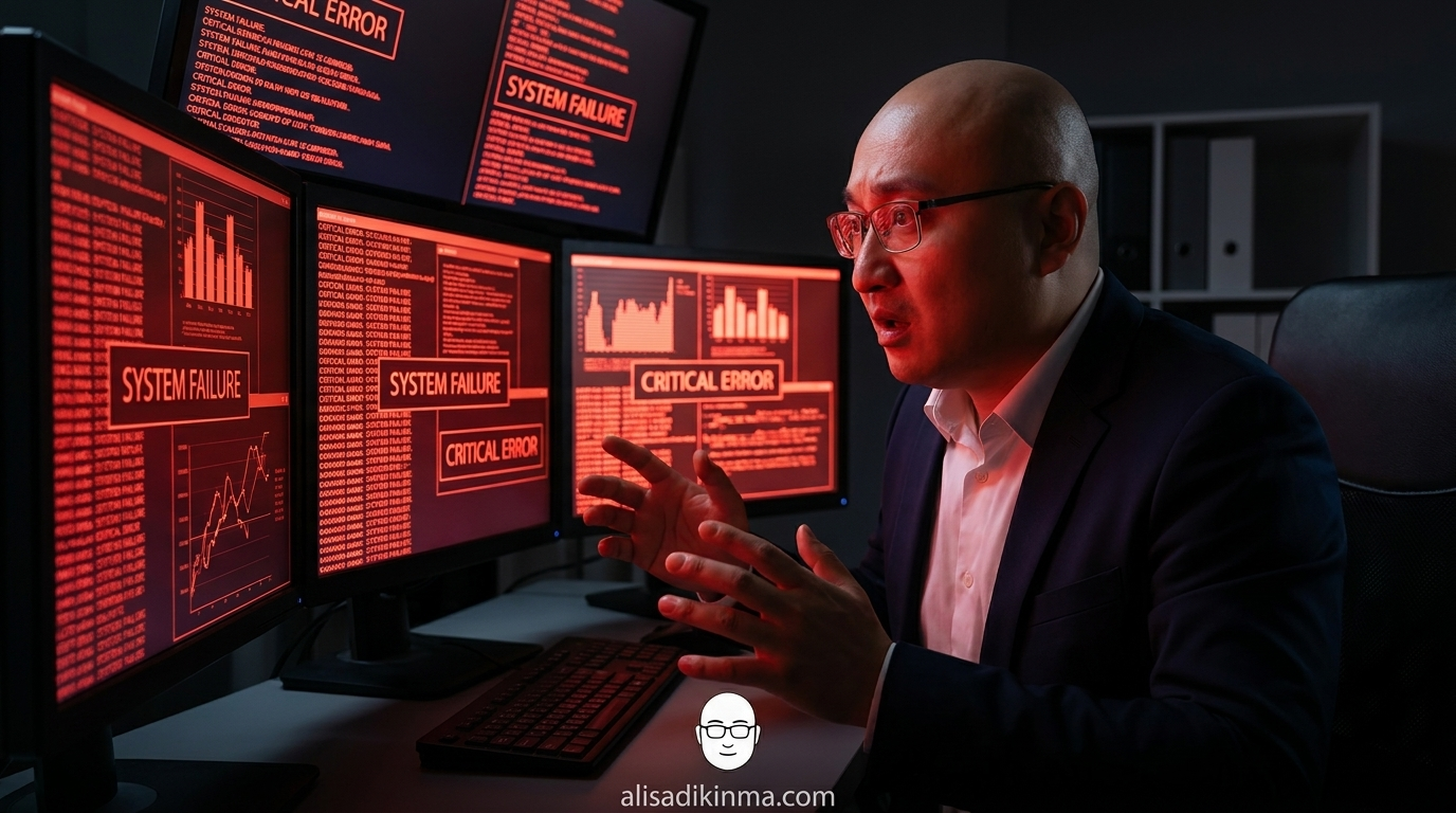 Revelation of systemic AI failure: red error screens cascade across multiple monitors, shocked developer at keyboard surrounded by corrupted data visualizations, representing industry-wide crisis
