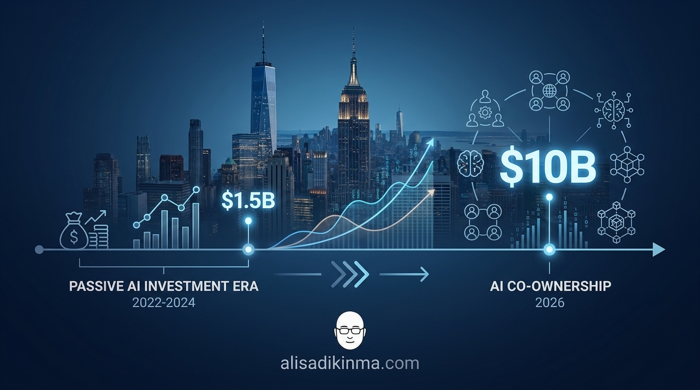 Timeline infographic showing shift from passive AI investment 2022-2024 to active AI co-ownership 2026 — Wall Street skyline with data overlay