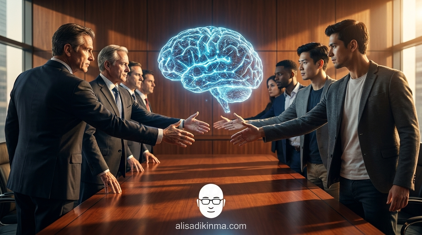 Wall Street executives and AI engineers shaking hands across boardroom table, holographic neural network floating between them — the moment finance became AI