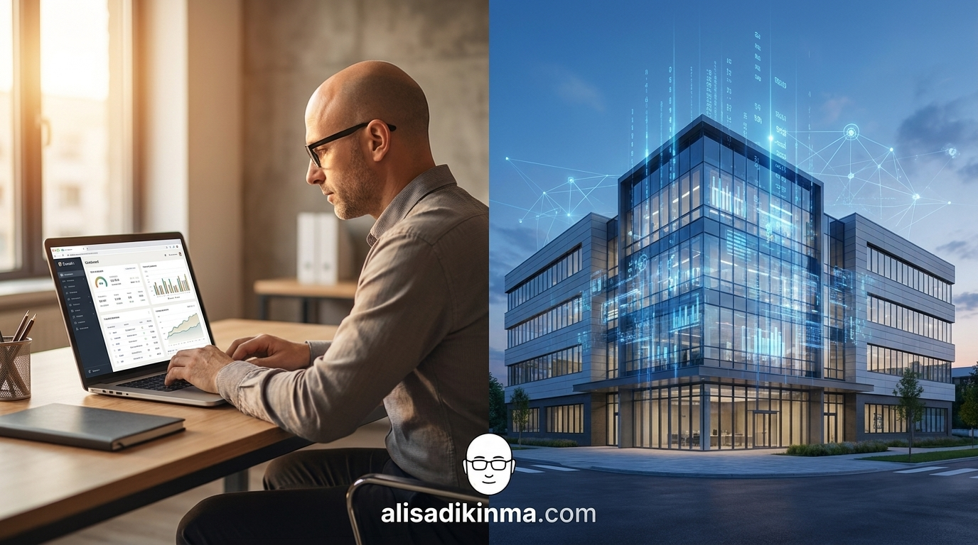 Split scene: mid-size business owner with Claude AI dashboard vs large enterprise with full AI integration — the two-tier reality of AI adoption