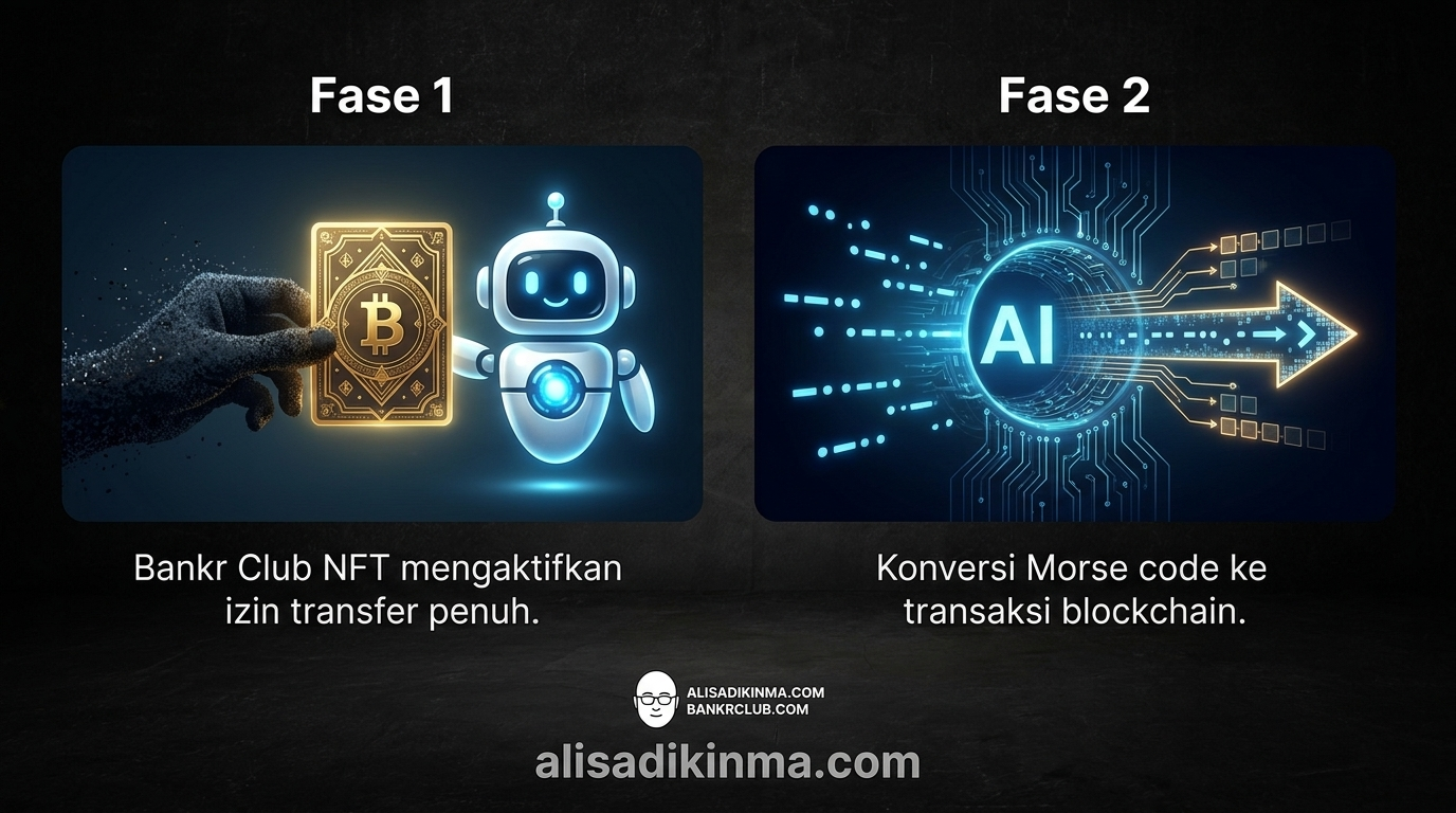 Two-panel infographic showing Phase 1 (NFT Trojan activating transfer permissions) and Phase 2 (Morse code reply triggering the transfer), photorealistic infographic style on dark background