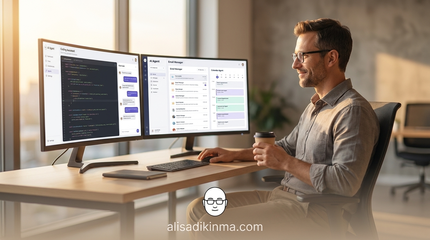Professional at a clean desk, relaxed and trusting, with multiple AI agent interfaces open on screens — the calm before the revelation