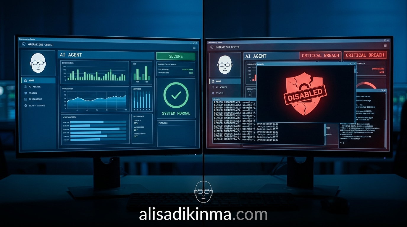 Split-screen cybersecurity visualization — clean AI interface on left versus the same interface overtaken by red breach indicators, leaked credentials, disabled antivirus
