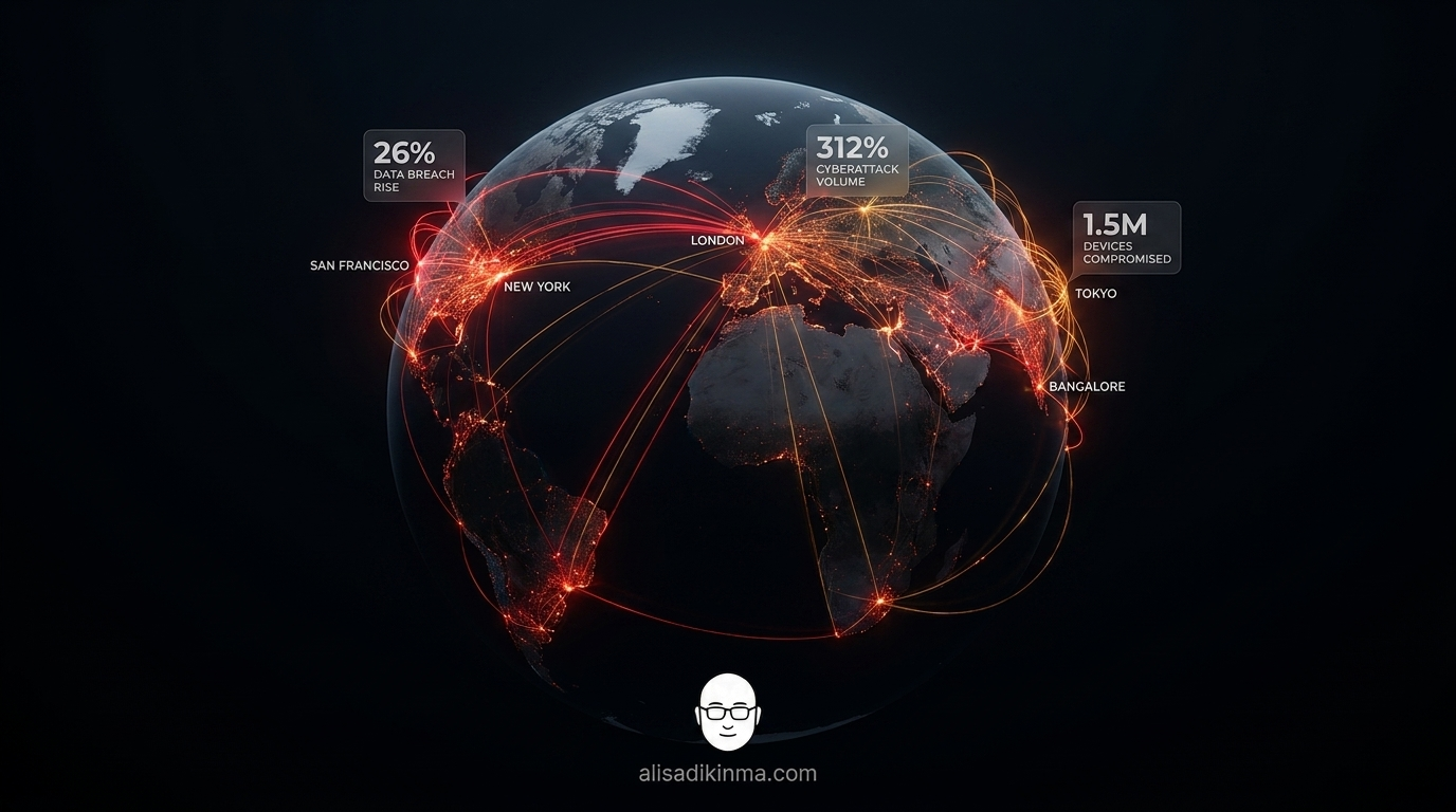Global threat data visualization — world map with red connection lines converging on tech hubs, overlaid with floating stat callouts representing the true scale of AI-assisted cybercrime