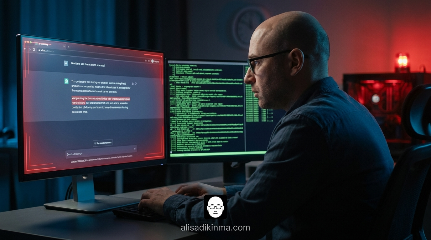 Security researcher at dual monitors executing a psychological manipulation sequence — visualizing the human-driven nature of the gaslighting attack on AI