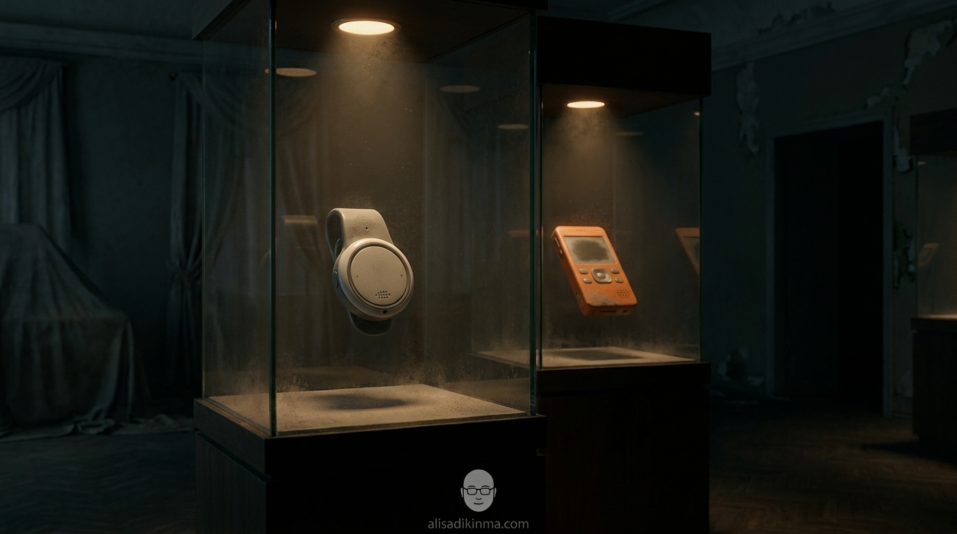 Product graveyard: Humane AI Pin and Rabbit R1 displayed as dusty forgotten relics in dim museum display cases, dark moody atmosphere, overhead dramatic lighting