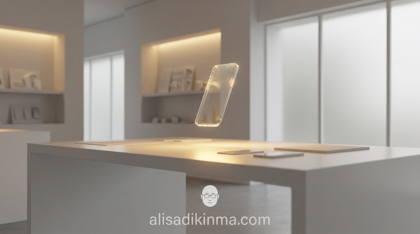 Futuristic AI phone design studio: holographic smartphone prototype floating above a minimalist workspace, Jony Ive-inspired warm studio lighting, aspirational and premium