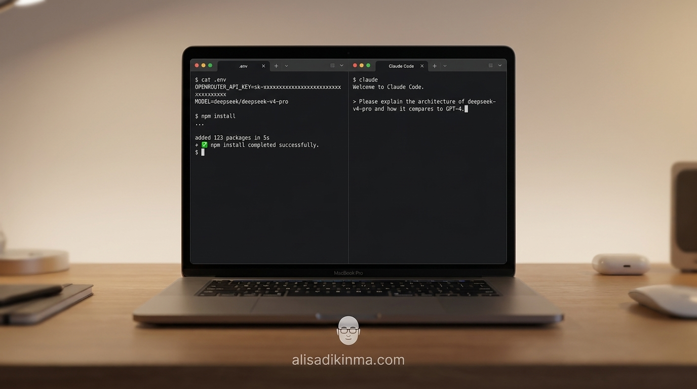 MacBook terminal in dark mode showing successful DeepClaude environment configuration and a live DeepSeek session — the moment setup succeeds