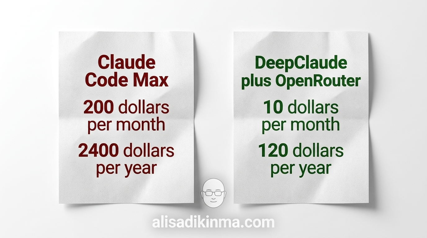 Two paper receipts side by side: left Claude Code Max at 0/month in red, right DeepClaude plus OpenRouter at /month in green