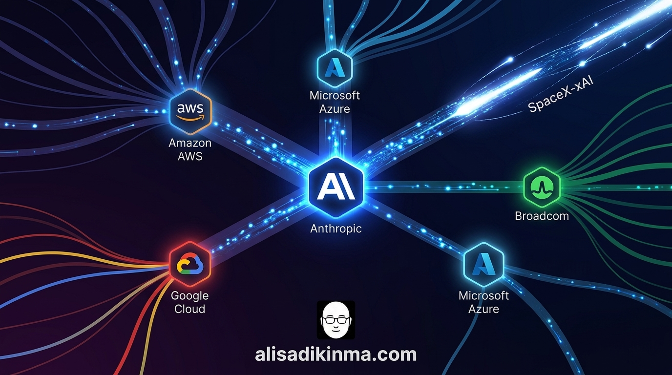 Network map showing Anthropic at center connected by weighted lines to Amazon, Google, Microsoft, SpaceX-xAI nodes — visualizing the massive compute portfolio with orbital dimension highlighted