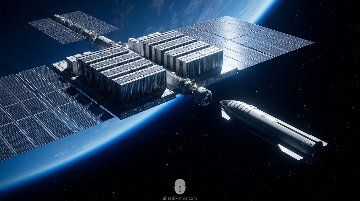 Orbital data center platform floating above Earth\'s curvature with deployed solar panels and server arrays, SpaceX Starship approaching for docking — visualizing the 5B orbital AI compute future