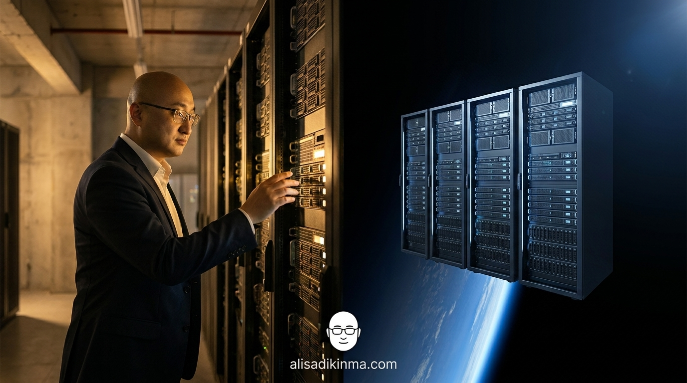 Split panel juxtaposition: ground-level data center engineer vs same scale infrastructure floating in orbit — visualizing the shift from terrestrial to orbital compute
