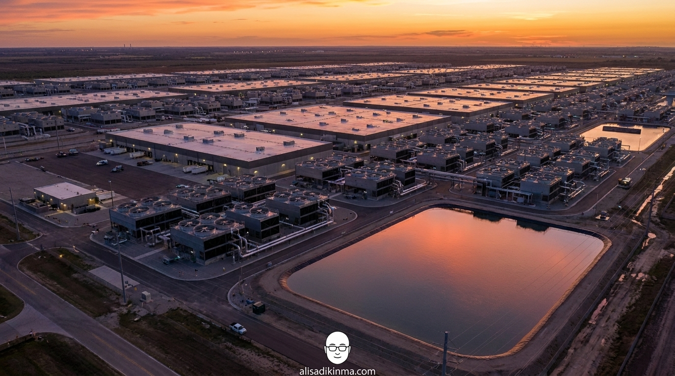 Aerial photorealistic view of a vast data center campus at dusk — symbolizes the scale of the global AI compute arms race