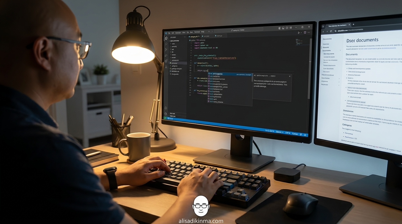 Developer at dual-monitor workstation with Claude Code AI autocomplete visible — relatable, human, productive scene for the practical utility section