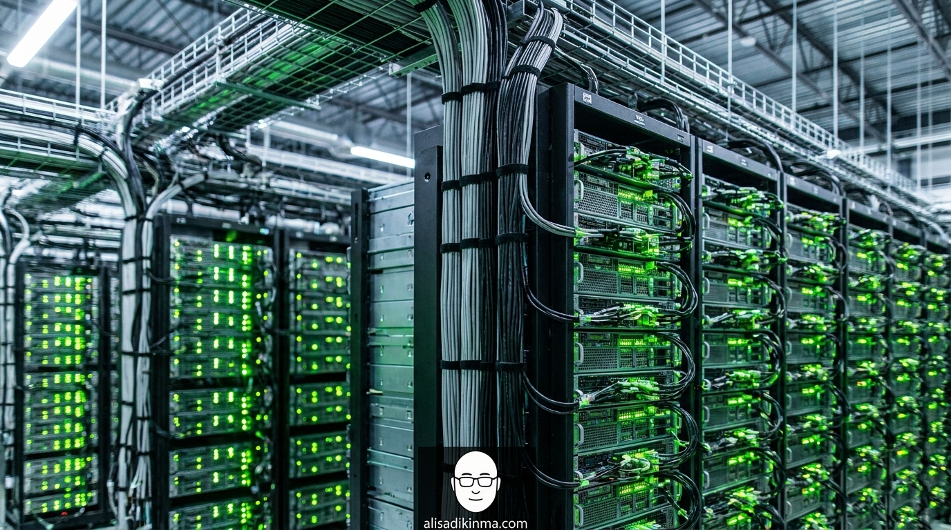 Close-up GPU server racks with green LEDs and dense cables — conveys the raw computational density of Colossus 1\'s 220,000 Nvidia GPUs