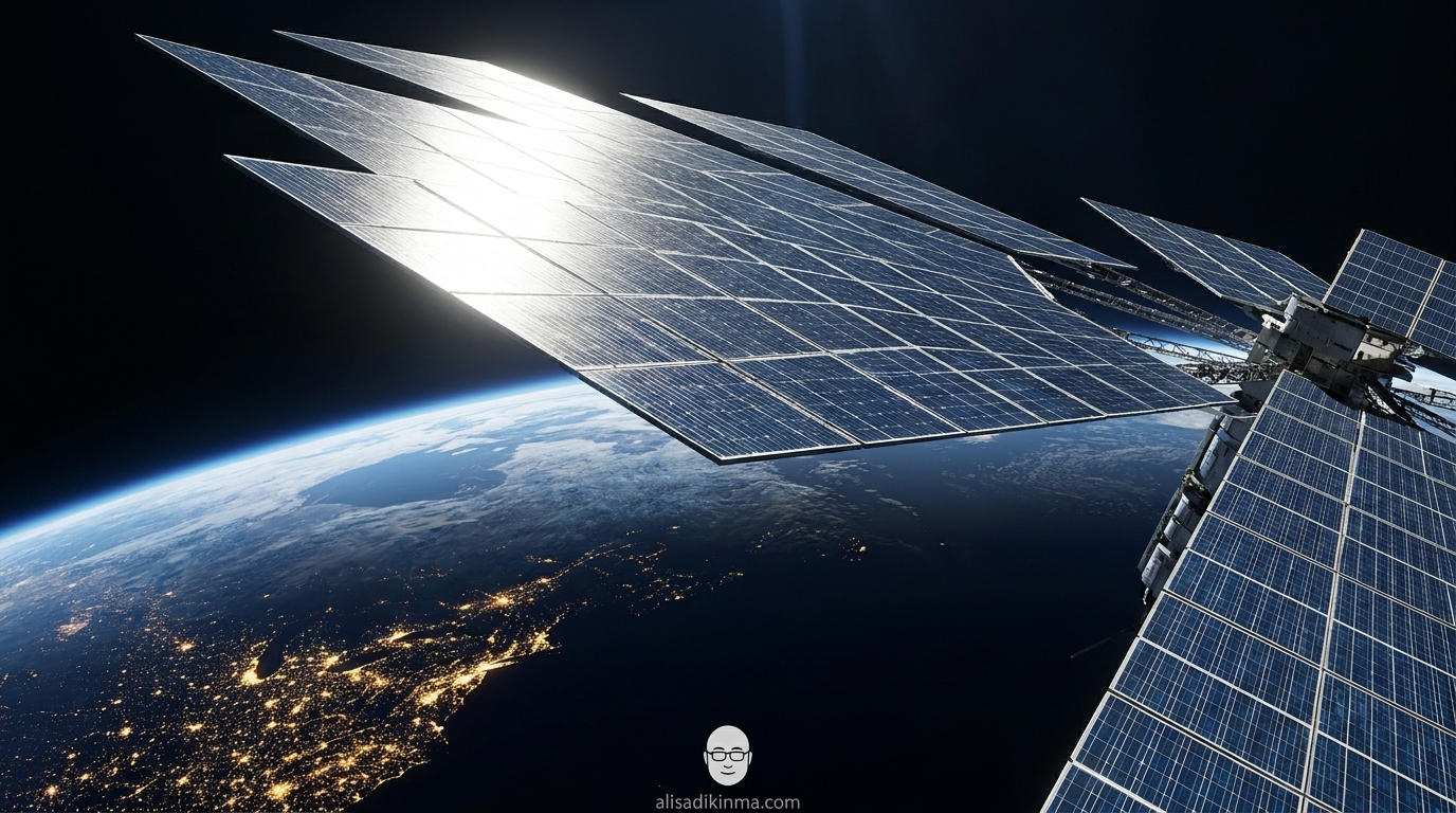 Solar-powered satellite data center array in low Earth orbit with Earth visible below — awe-inspiring visualization of Anthropic and SpaceX\'s orbital compute ambition