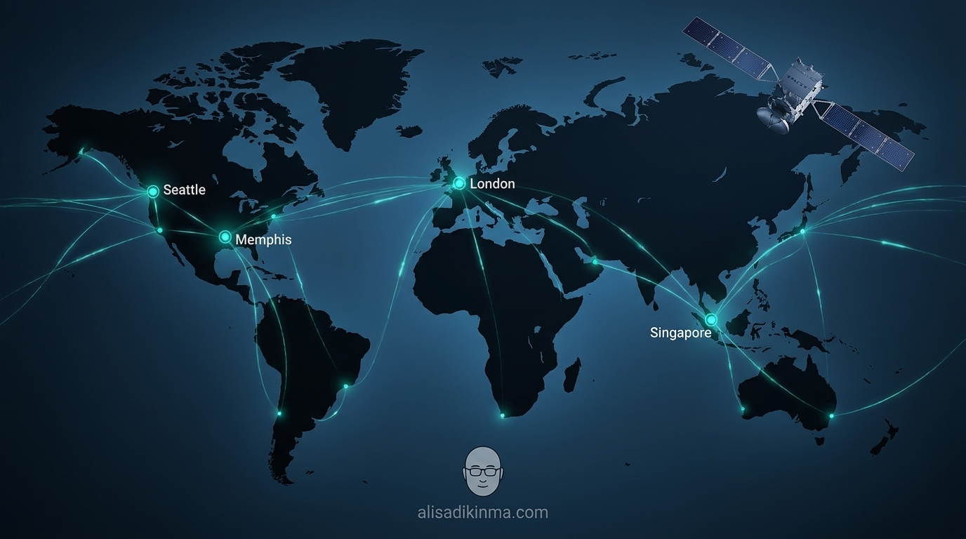 Global AI infrastructure map showing Anthropic interconnected data center network spanning Memphis, Seattle, London, Singapore — with a SpaceX satellite in orbit above — representing the scale of the compute arms race