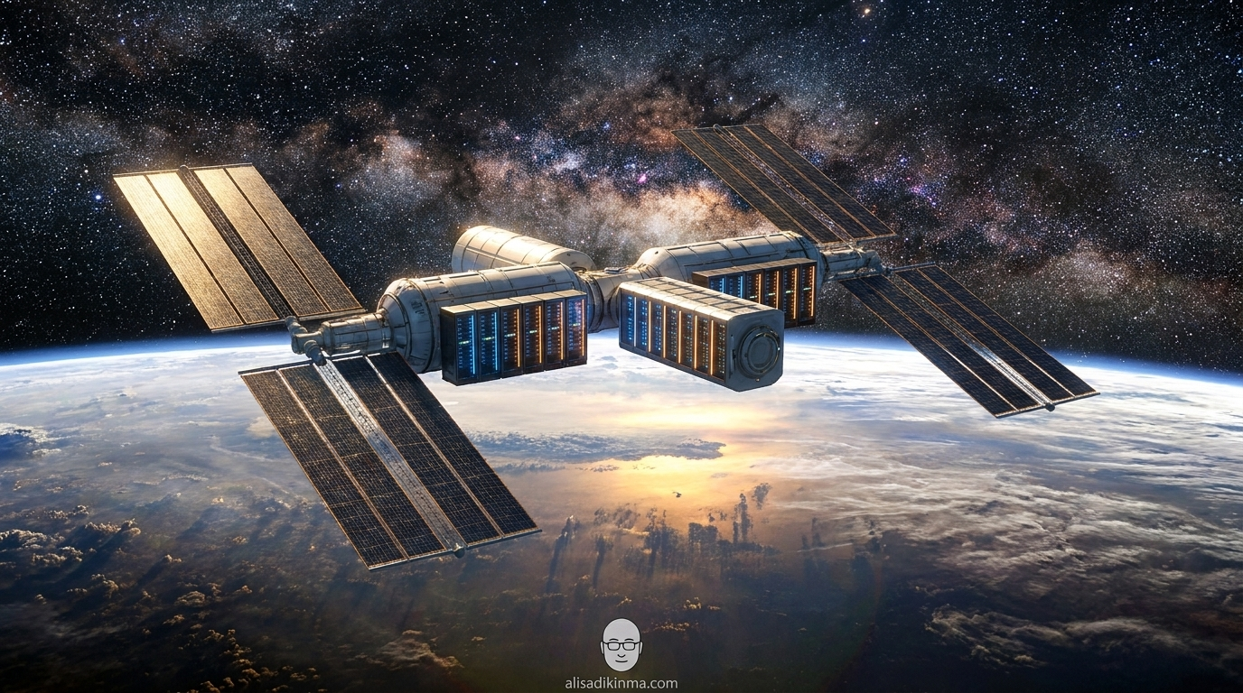 Orbital AI data center concept — sleek modular space station with solar arrays and server modules floating above Earth — visualizing the most ambitious and least-reported part of the SpaceX-Anthropic partnership
