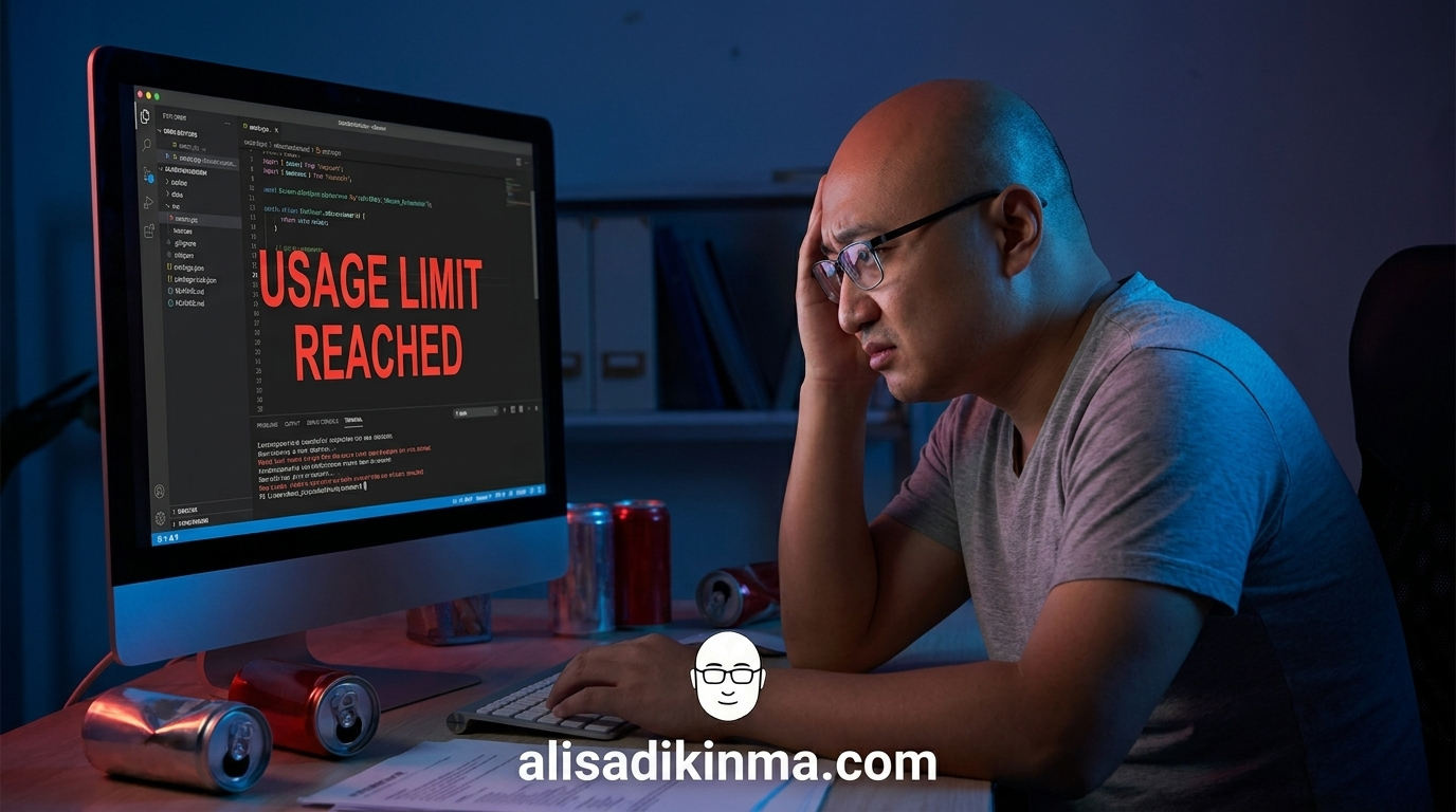 Developer frustrated by a usage limit error screen at night — capturing the pain of being cut off mid-sprint that motivated the SpaceX deal