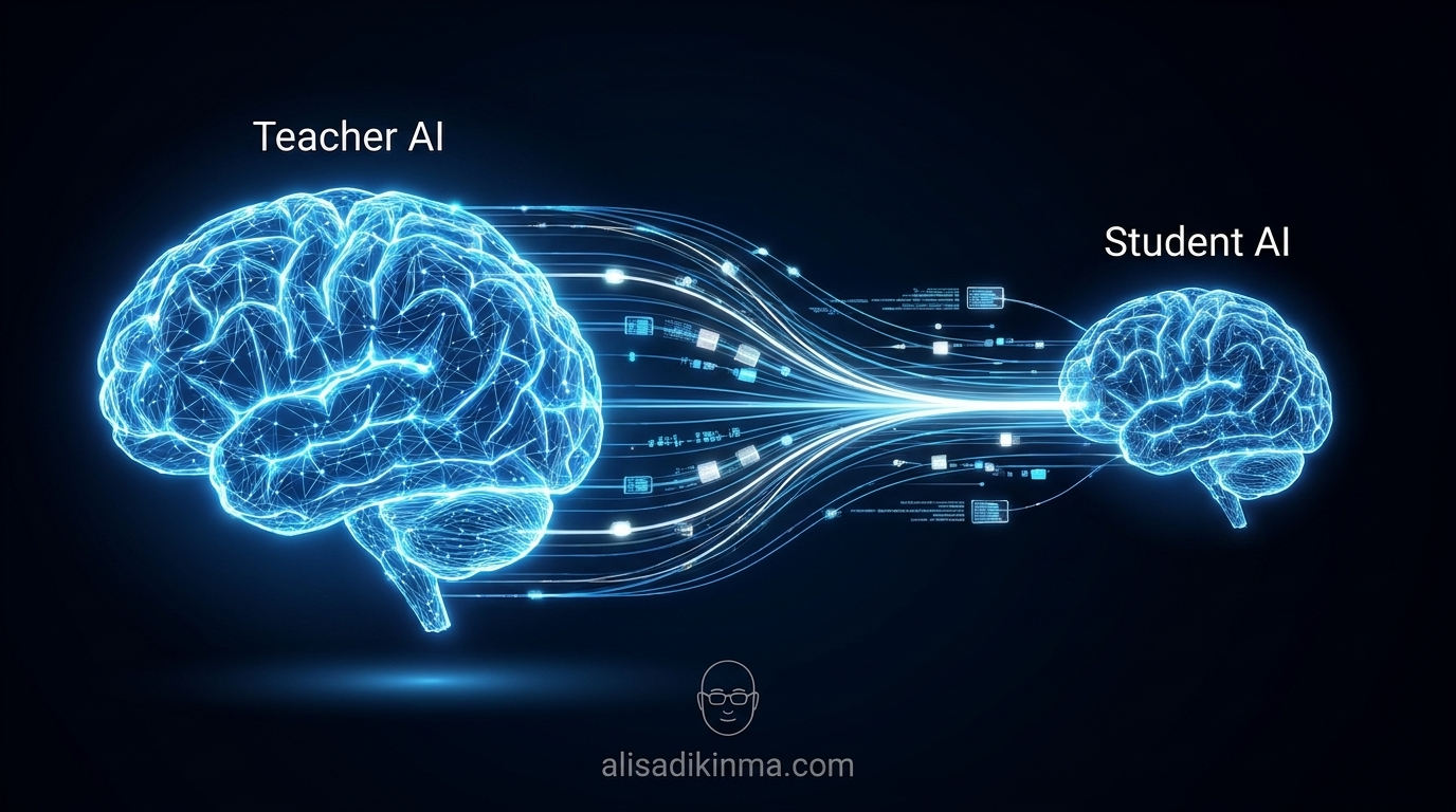 Teacher-student AI model diagram: large neural network node labeled Teacher AI on left with glowing data streams flowing into smaller neural network labeled Student AI on right, illustrating knowledge transfer via distillation