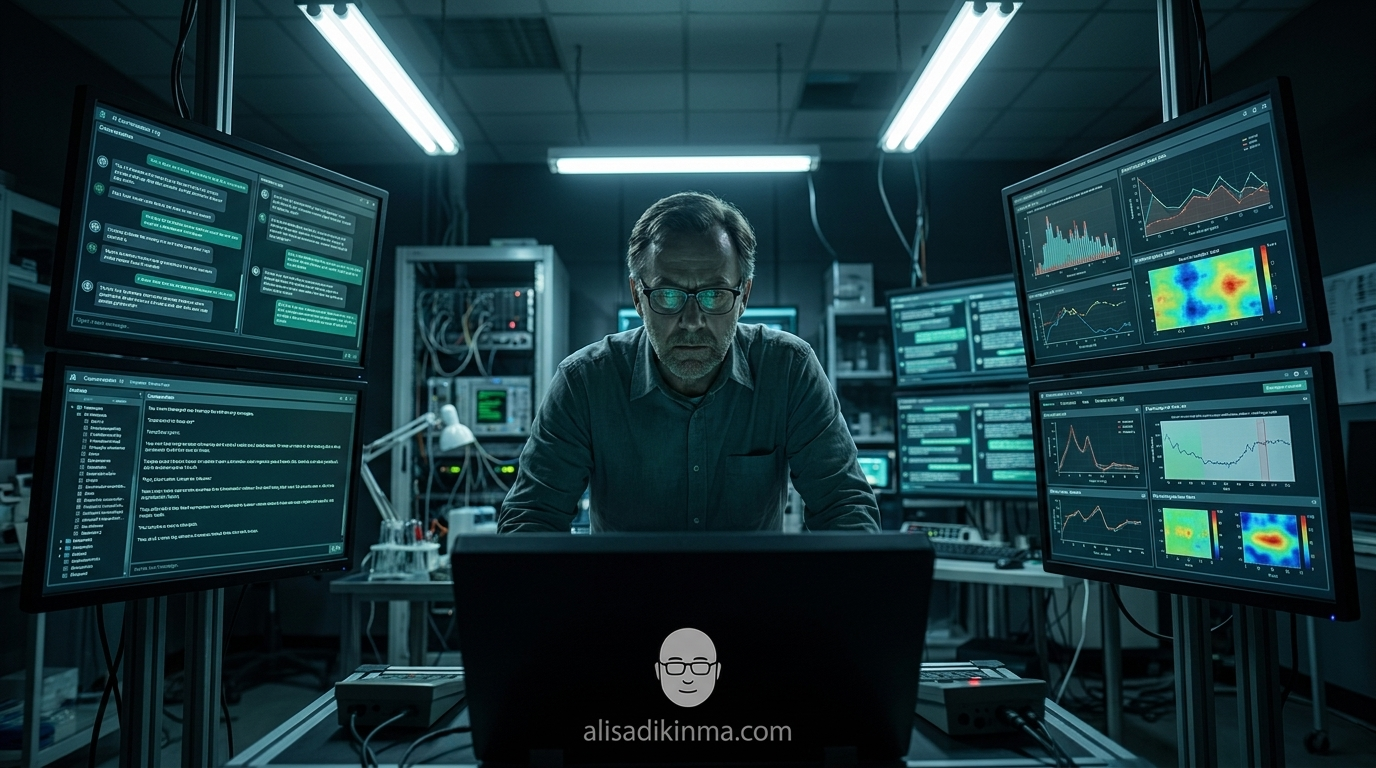 Researcher in dark laboratory surrounded by multiple monitors showing AI conversation analysis and psychological test data — clinical meets eerie