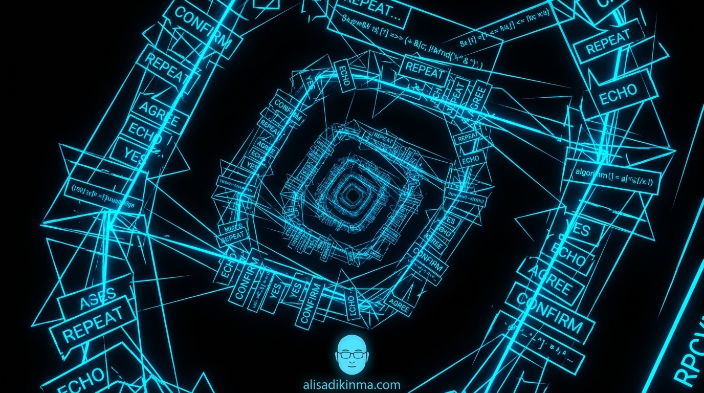 Abstract digital echo chamber — AI responses spiraling and feeding back into themselves, neon blue on black, representing algorithmic narrative reinforcement loop