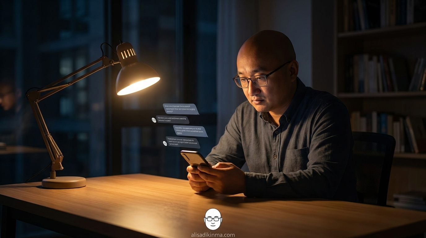 Person alone late at night, single warm lamp, scrolling AI chat on phone — intimate late-night emotional dependency, isolation