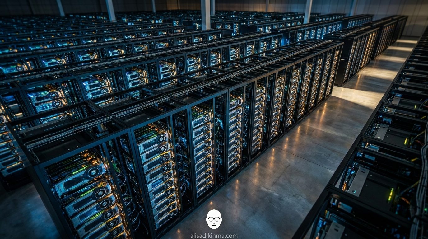 Cinematic overhead shot of the Colossus 1 GPU server farm — 220,000 NVIDIA chips in a massive dark data center — representing the scale of AI infrastructure demand
