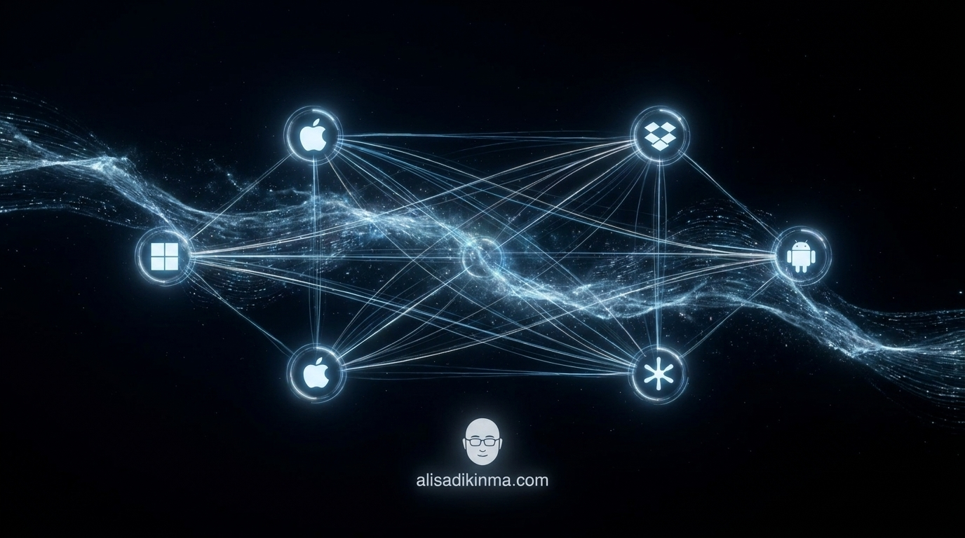 Abstract web of glowing connection lines linking tech AI company nodes — representing the arms race of compute partnerships across the entire industry