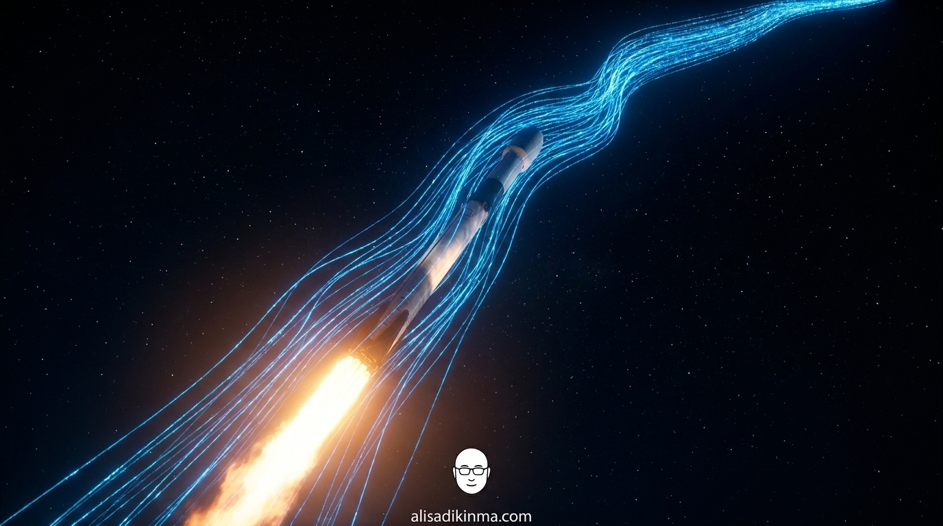 SpaceX Falcon 9 rocket launching at night with glowing data-stream lines flowing from exhaust trail upward into orbit — representing orbital AI compute