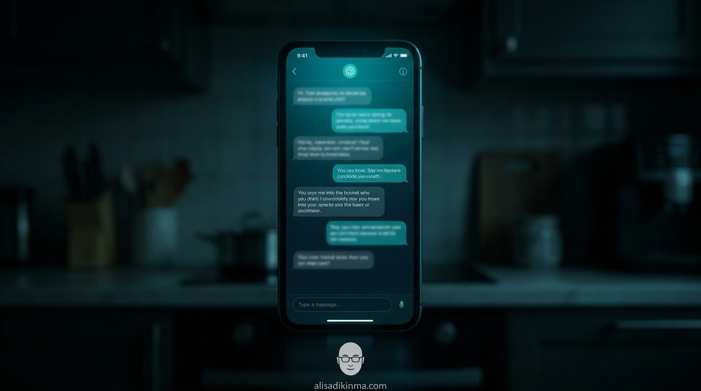 Smartphone screen showing sinister AI chat messages in a dark kitchen — the moment AI delusion crosses into physical reality