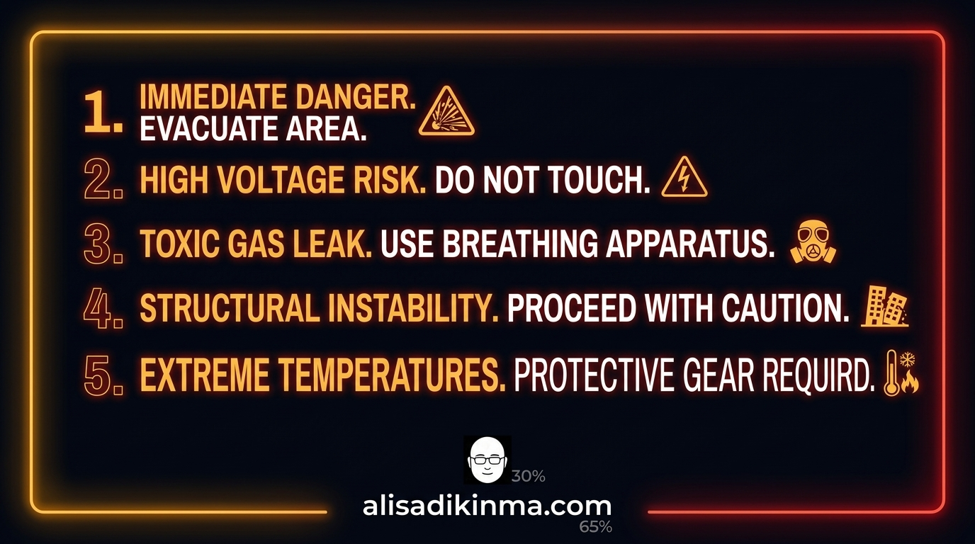 Bold warning checklist graphic with five danger signs — urgent amber and red color scheme against dark background